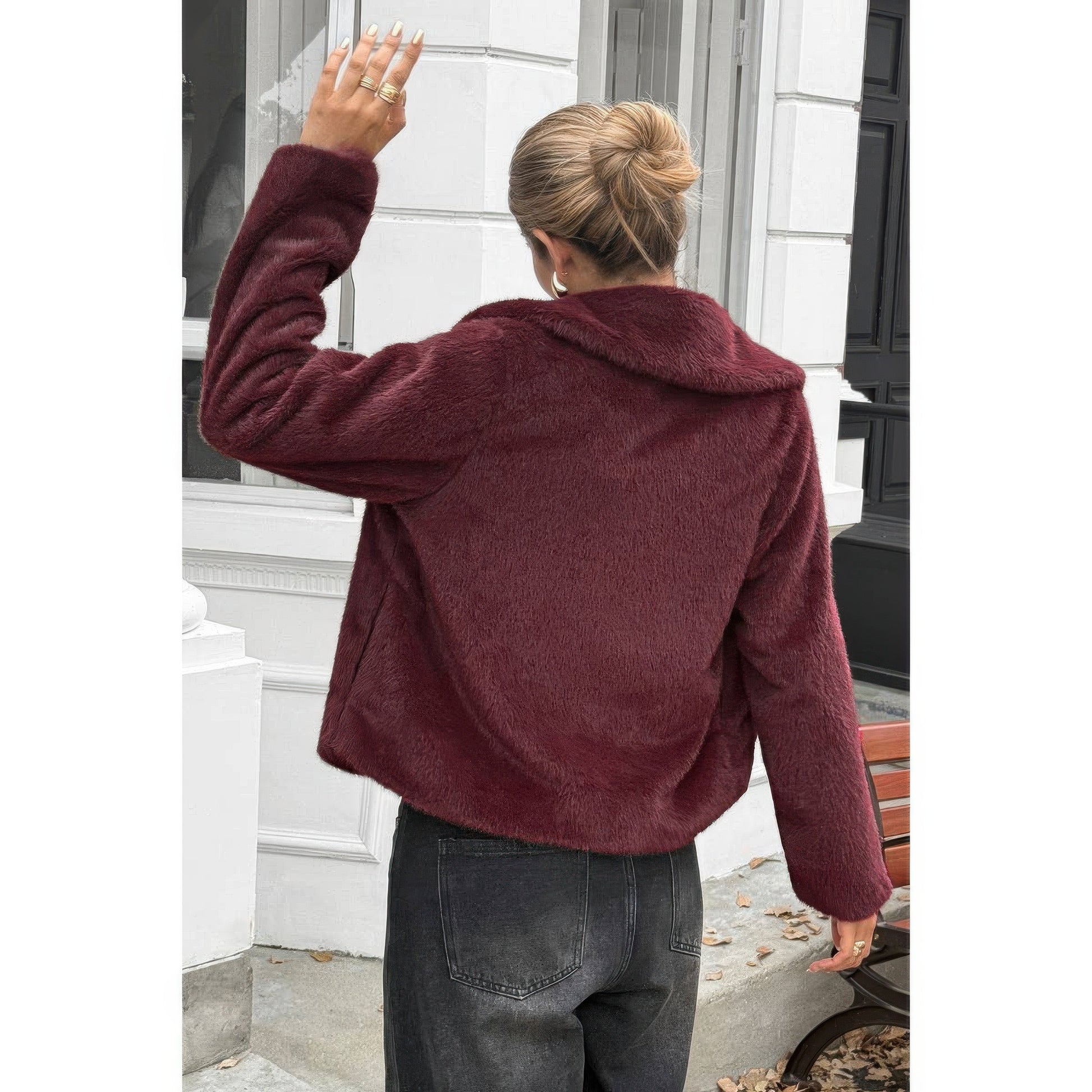 Solid Button Faux Fur Crop Jacket