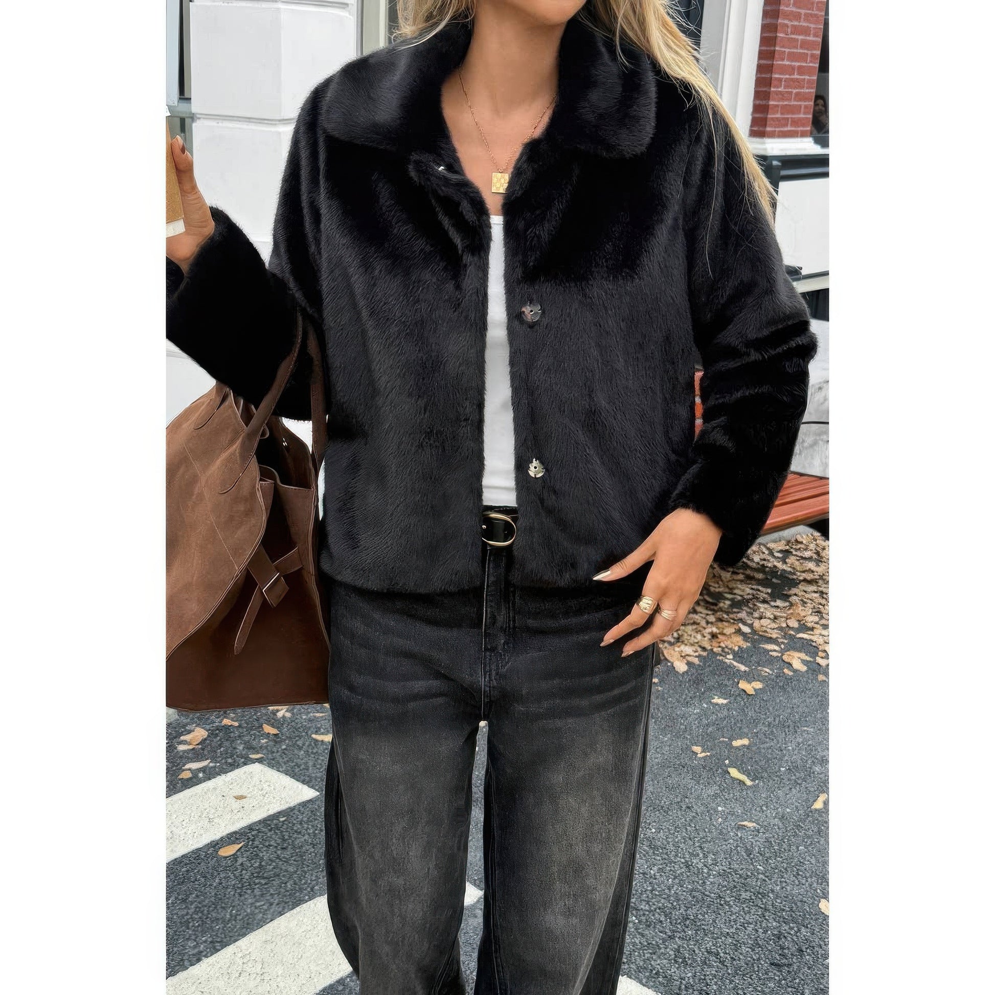 Solid Button Faux Fur Crop Jacket