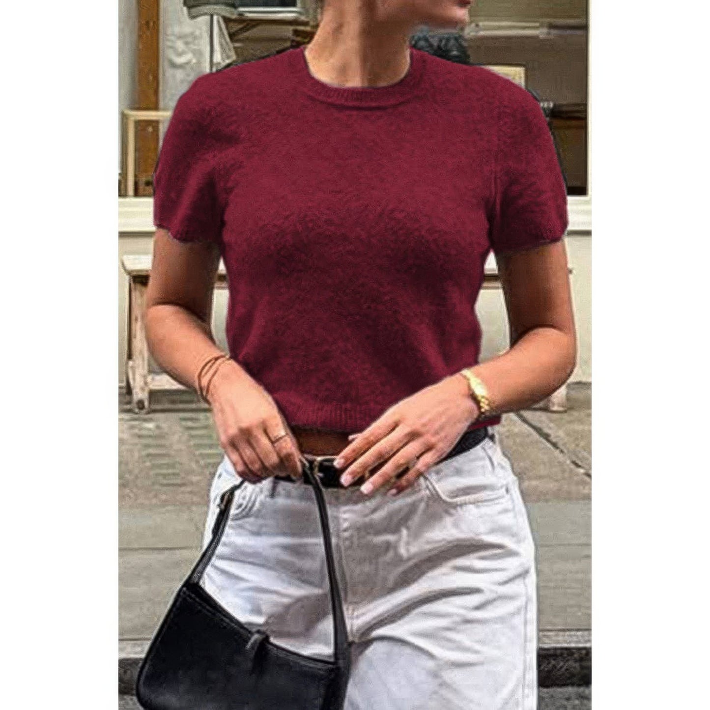 Solid Wool O Neck Knit Short Sleeve Shirt