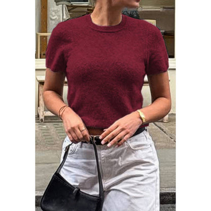 Solid Wool O Neck Knit Short Sleeve Shirt