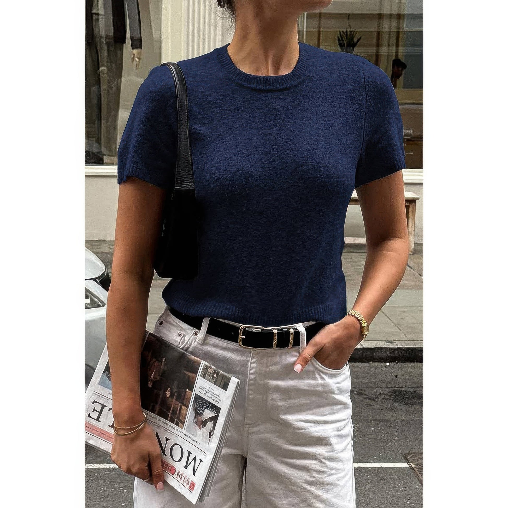 Solid Wool O Neck Knit Short Sleeve Shirt