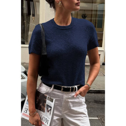 Solid Wool O Neck Knit Short Sleeve Shirt