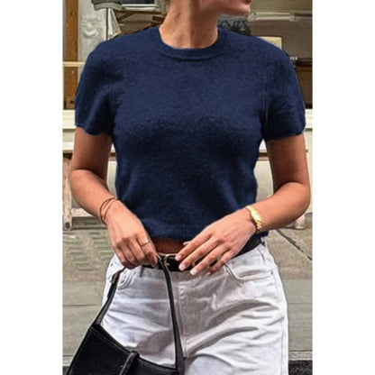 Solid Wool O Neck Knit Short Sleeve Shirt