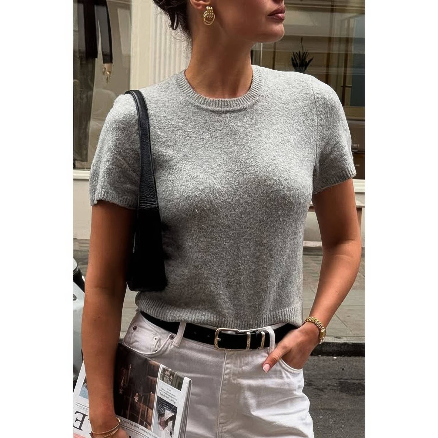 Solid Wool O Neck Knit Short Sleeve Shirt