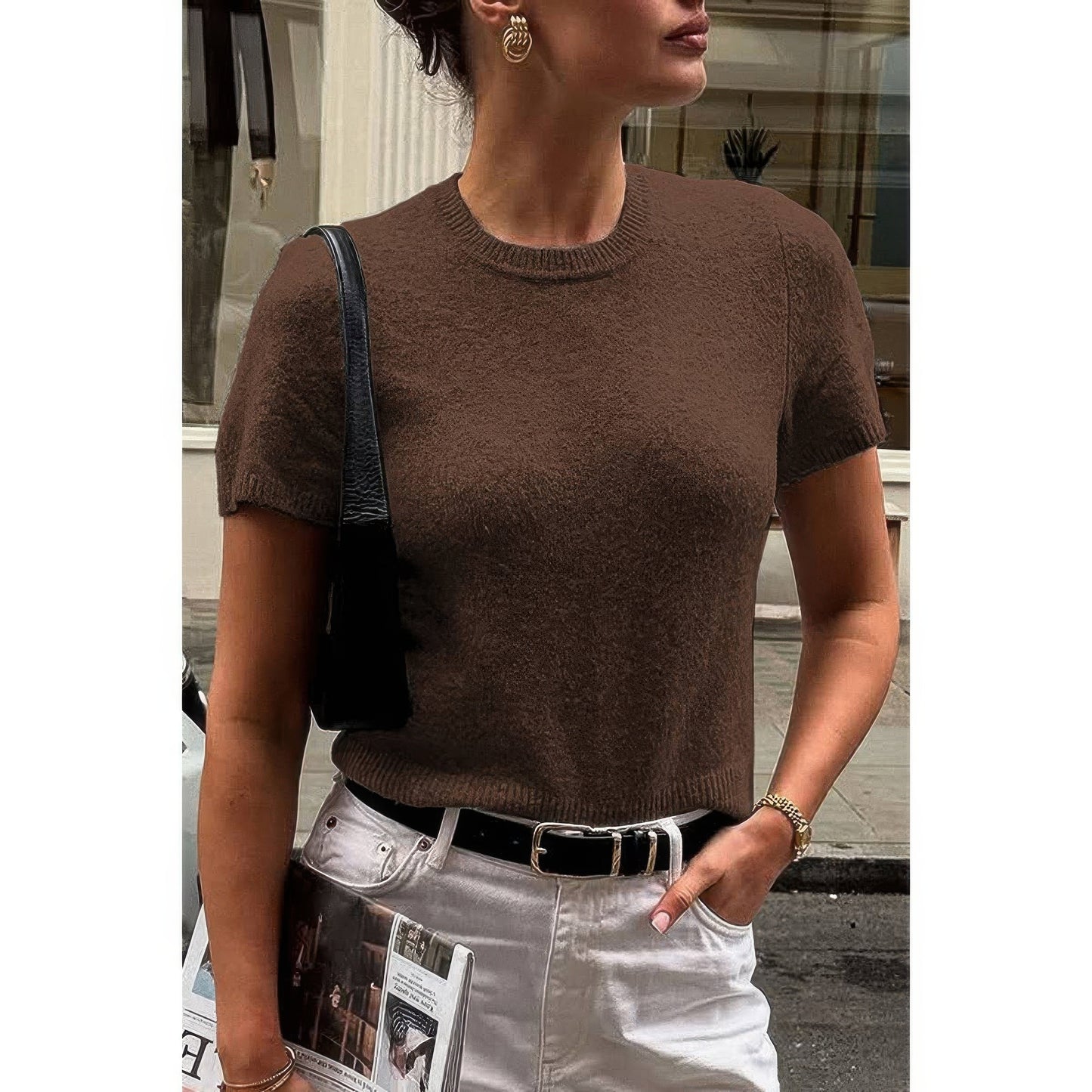 Solid Wool O Neck Knit Short Sleeve Shirt