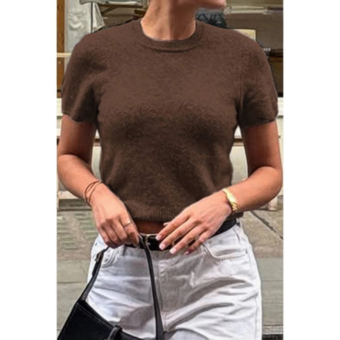 Solid Wool O Neck Knit Short Sleeve Shirt