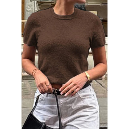Solid Wool O Neck Knit Short Sleeve Shirt