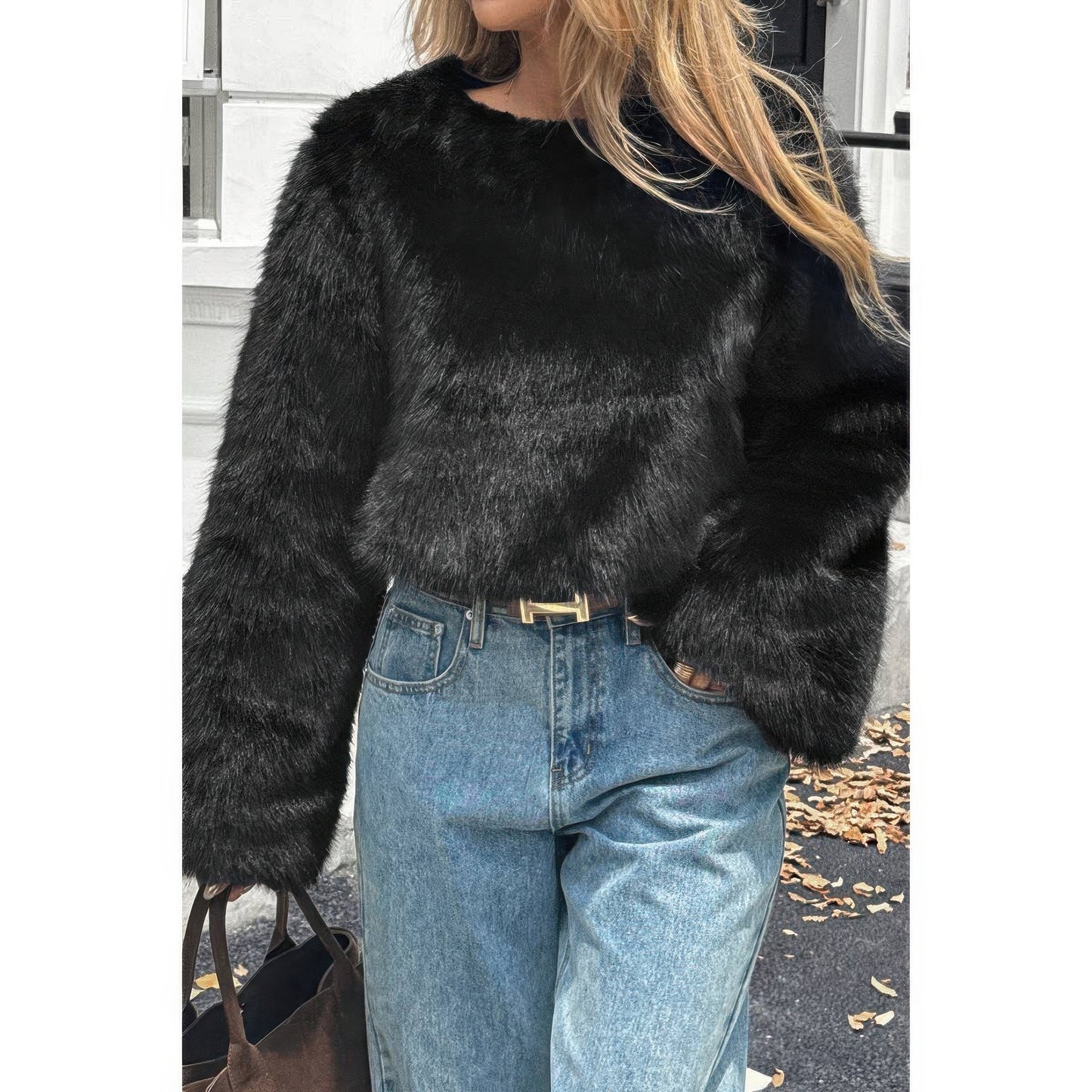 Solid Faux Fur Back Hide Zipper Pullover Coat