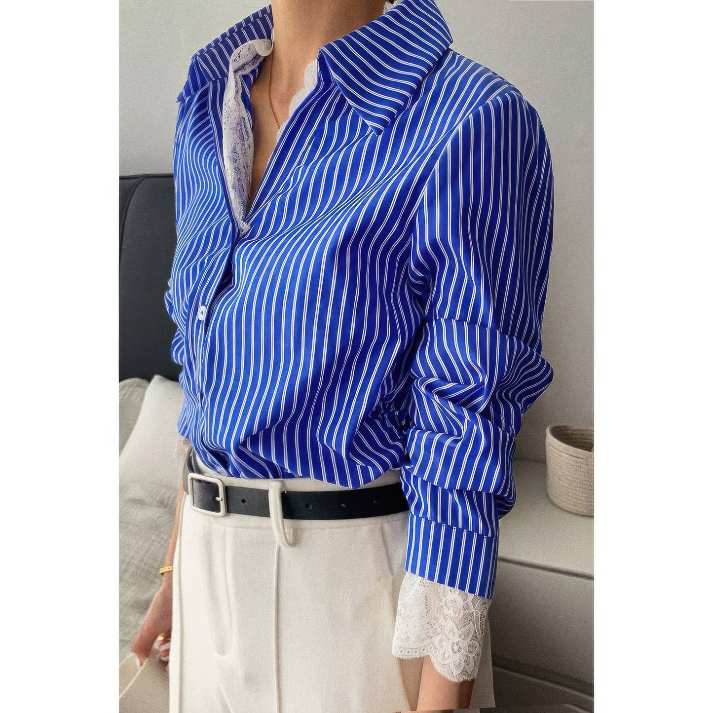 Striped Button Down Lace Detail Loose Shirt