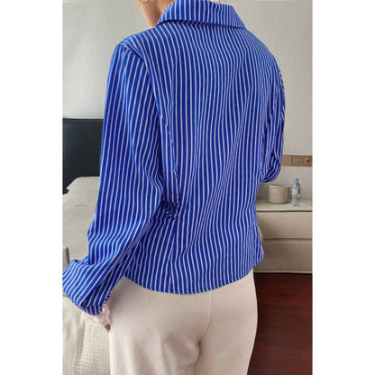 Striped Button Down Lace Detail Loose Shirt