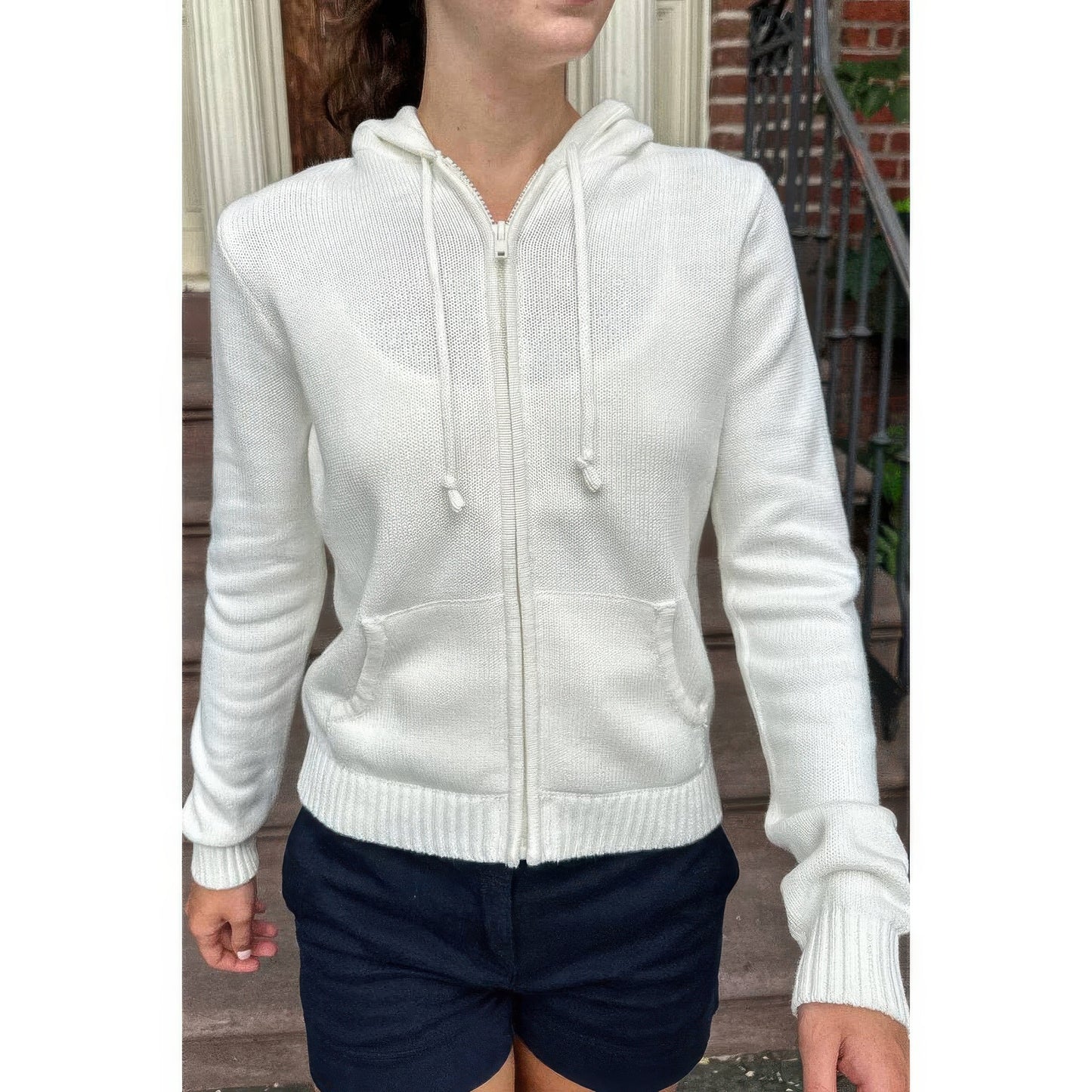 Solid Ribbed Knit Zipper Pockets Hoodie
