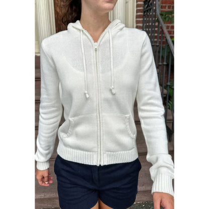 Solid Ribbed Knit Zipper Pockets Hoodie