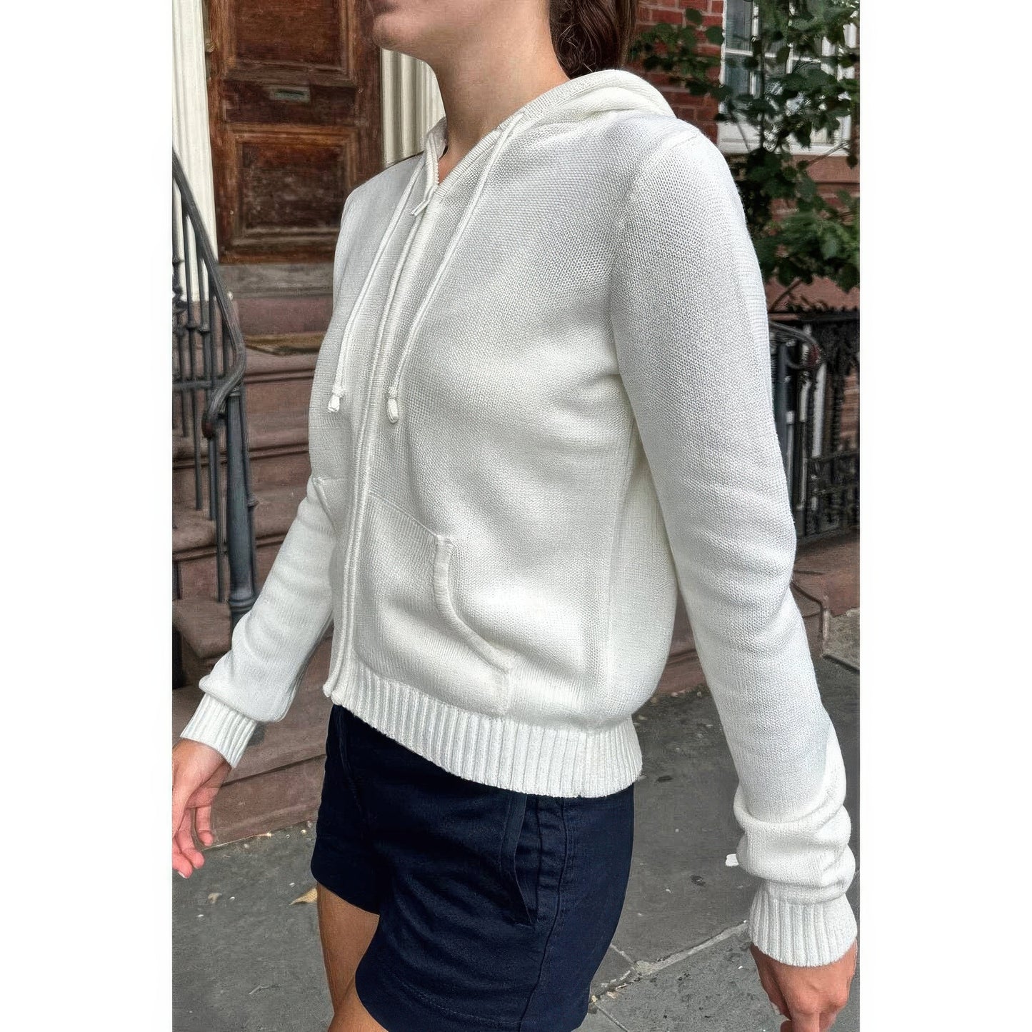 Solid Ribbed Knit Zipper Pockets Hoodie