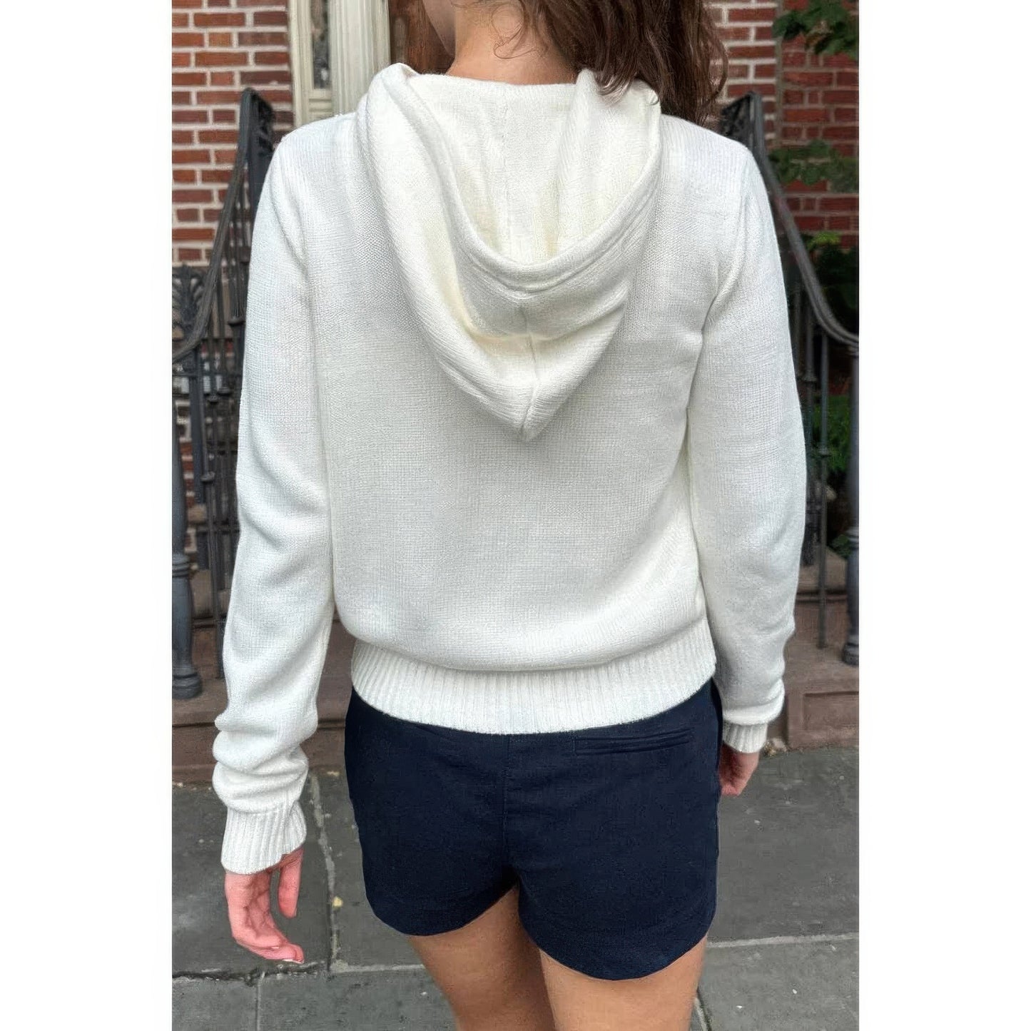 Solid Ribbed Knit Zipper Pockets Hoodie