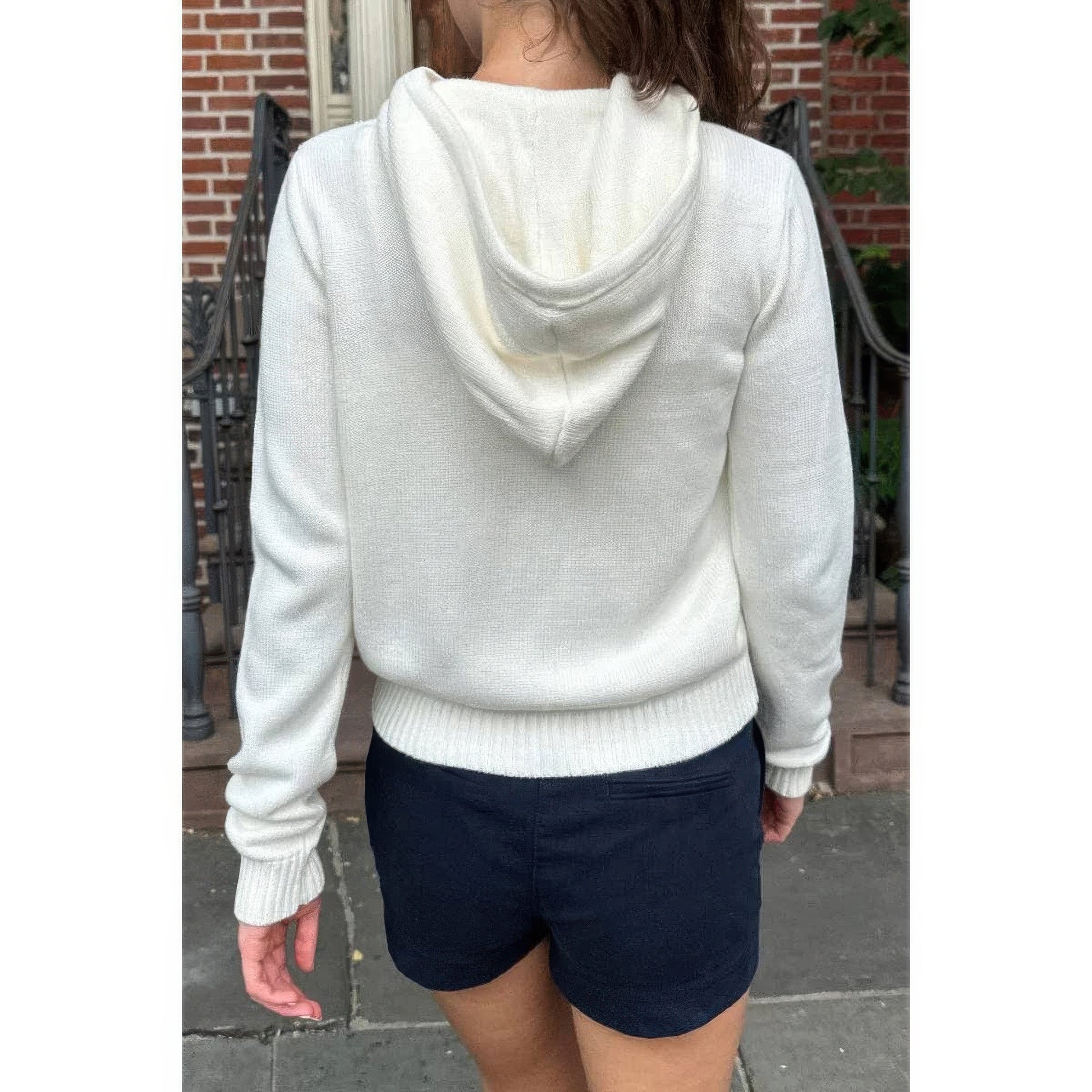 Solid Ribbed Knit Zipper Pockets Hoodie
