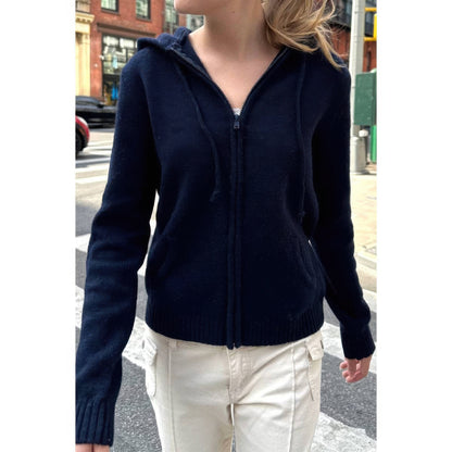 Solid Ribbed Knit Zipper Pockets Hoodie