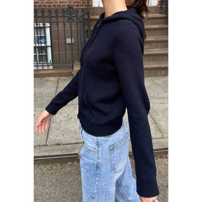 Solid Ribbed Knit Zipper Pockets Hoodie