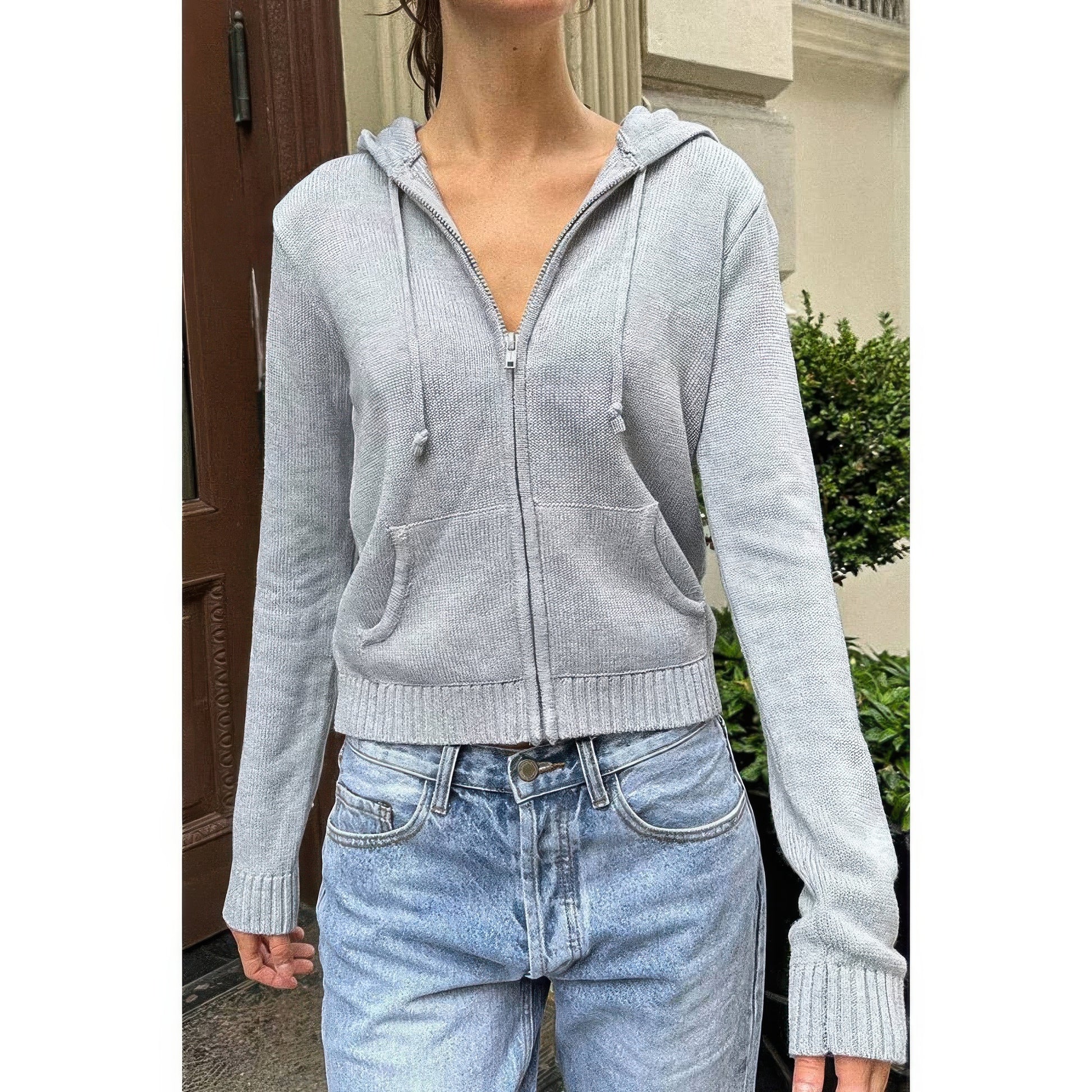 Solid Ribbed Knit Zipper Pockets Hoodie
