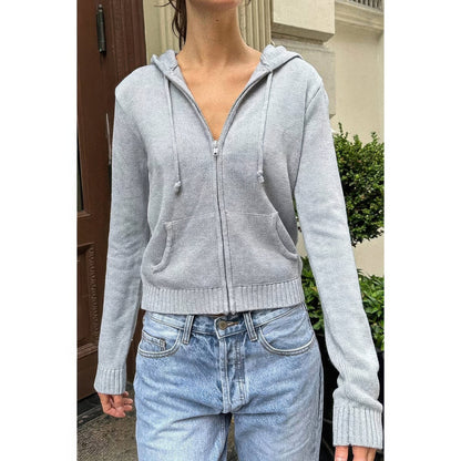 Solid Ribbed Knit Zipper Pockets Hoodie