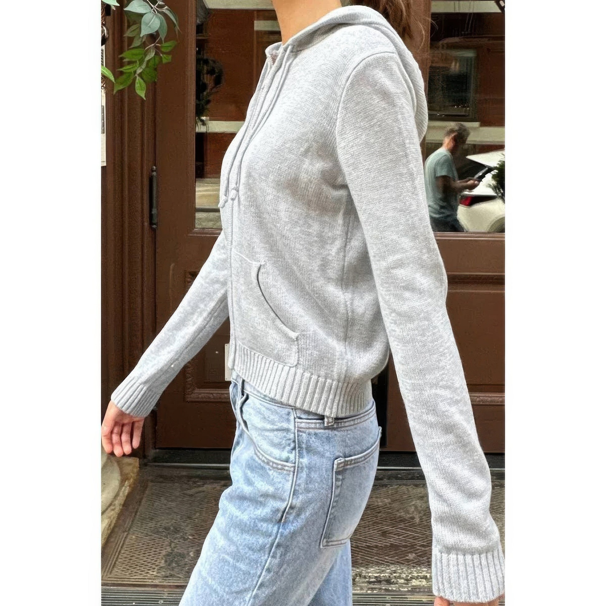 Solid Ribbed Knit Zipper Pockets Hoodie