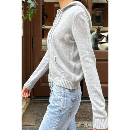 Solid Ribbed Knit Zipper Pockets Hoodie