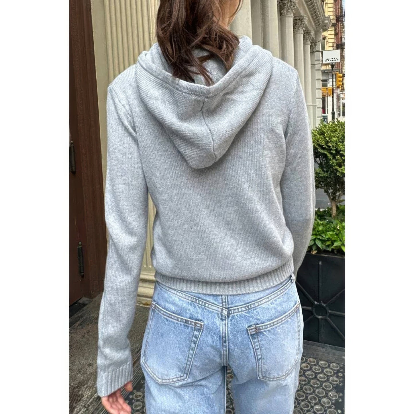 Solid Ribbed Knit Zipper Pockets Hoodie