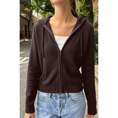 Solid Ribbed Knit Zipper Pockets Hoodie