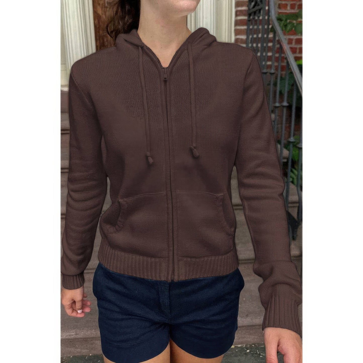 Solid Ribbed Knit Zipper Pockets Hoodie
