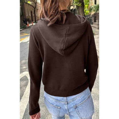 Solid Ribbed Knit Zipper Pockets Hoodie