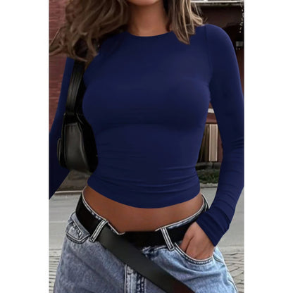 Round Neck Solid Long Sleeve Slim Fit Shirt