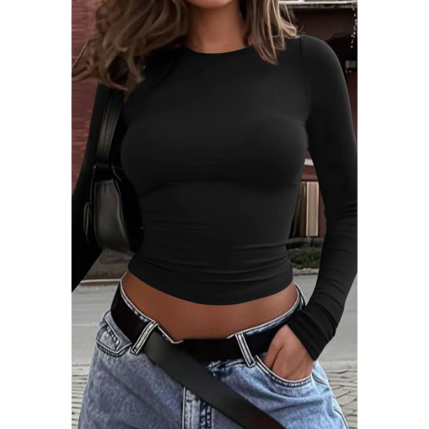 Round Neck Solid Long Sleeve Slim Fit Shirt