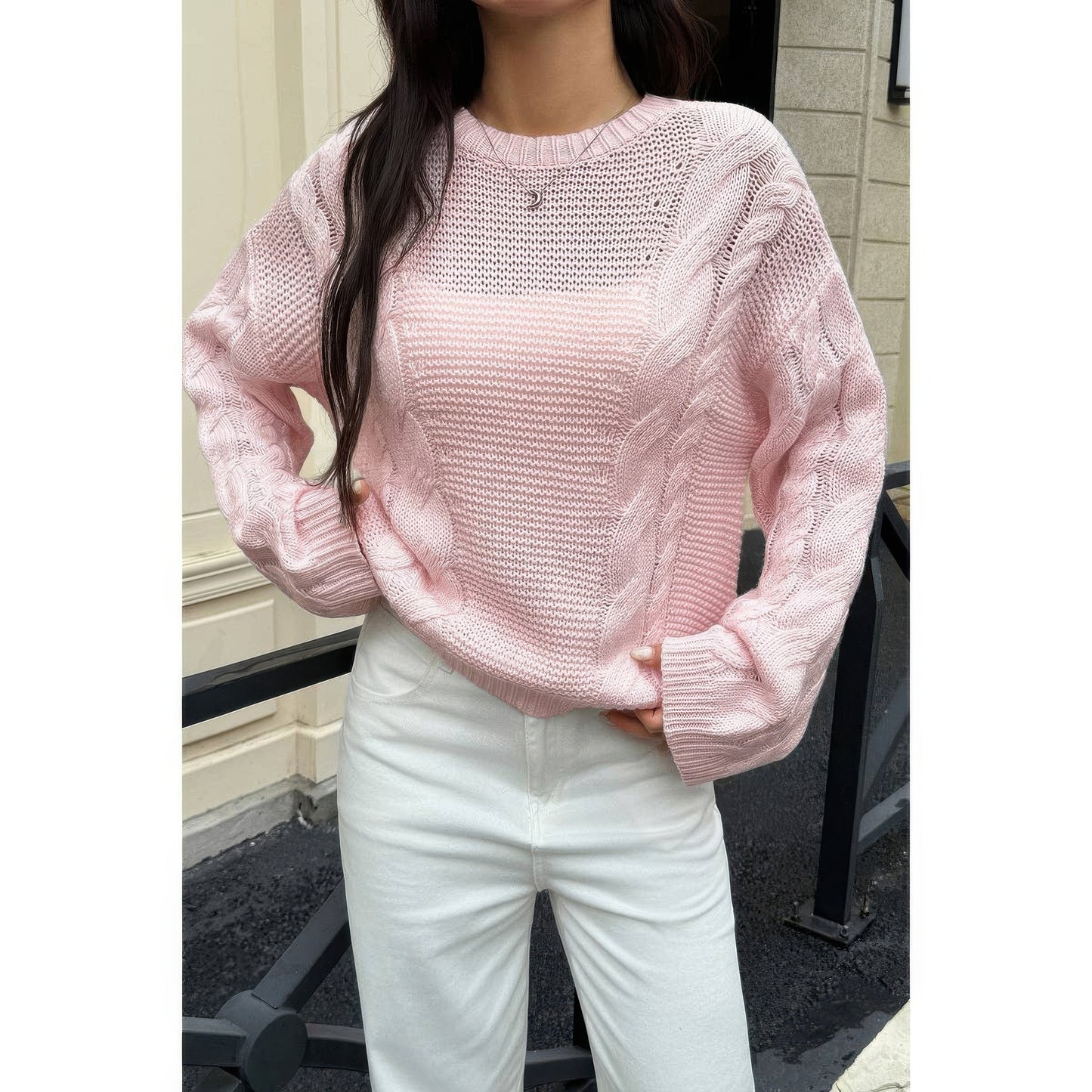 Solid Round Neck Cable Knit Pullover Sweater