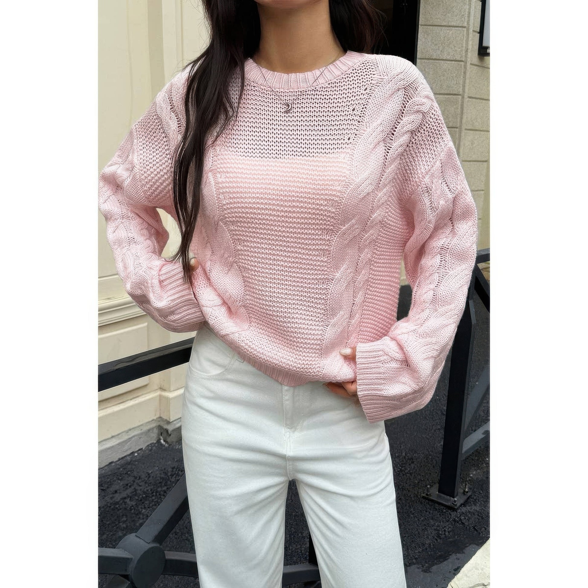 Solid Round Neck Cable Knit Pullover Sweater