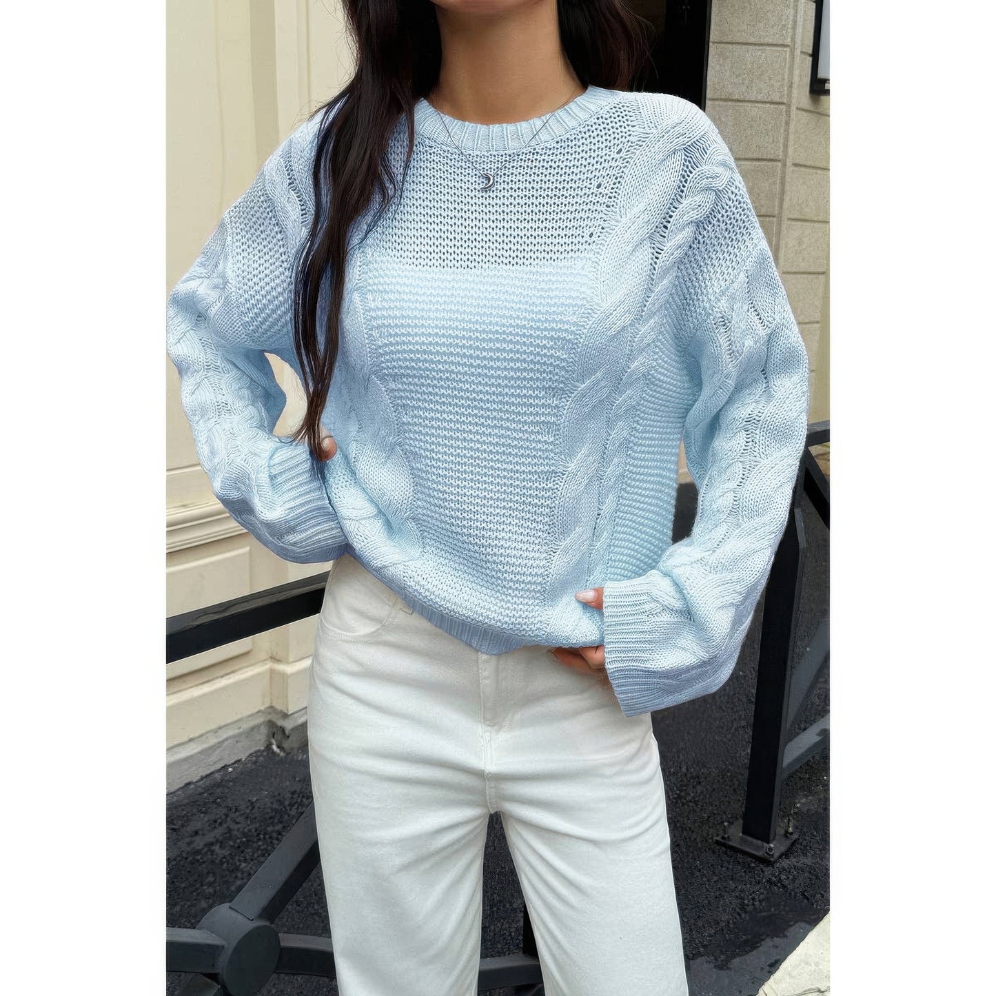 Solid Round Neck Cable Knit Pullover Sweater