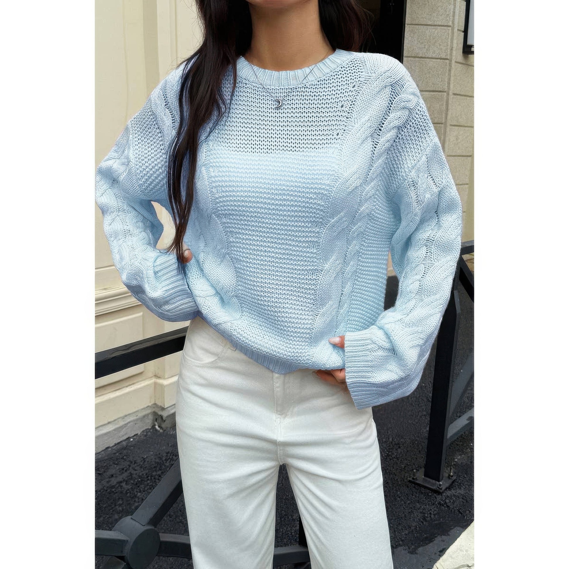 Solid Round Neck Cable Knit Pullover Sweater
