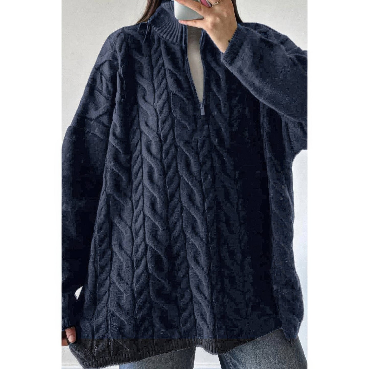 Cable Knit Half Zipper Solid Loose Sweater