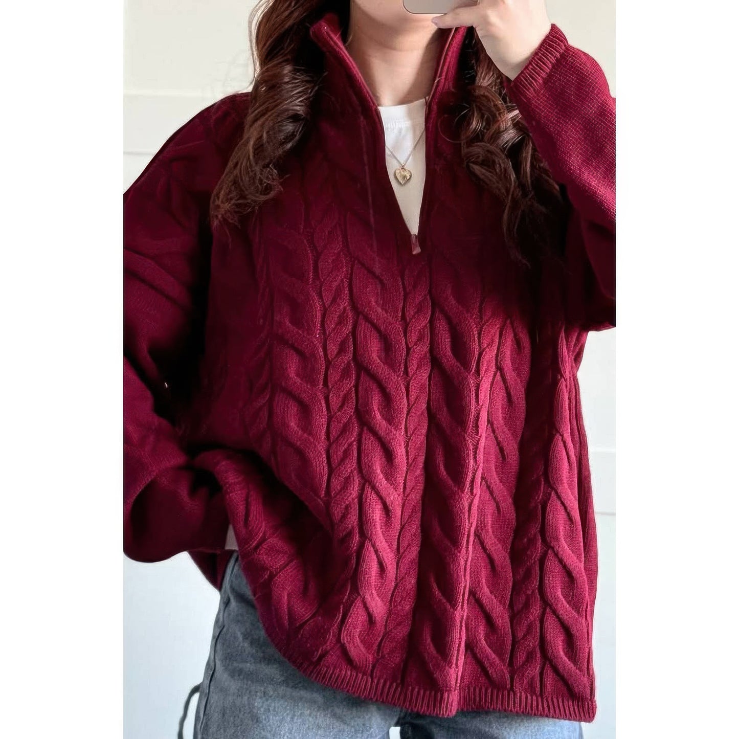 Cable Knit Half Zipper Solid Loose Sweater