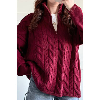 Cable Knit Half Zipper Solid Loose Sweater