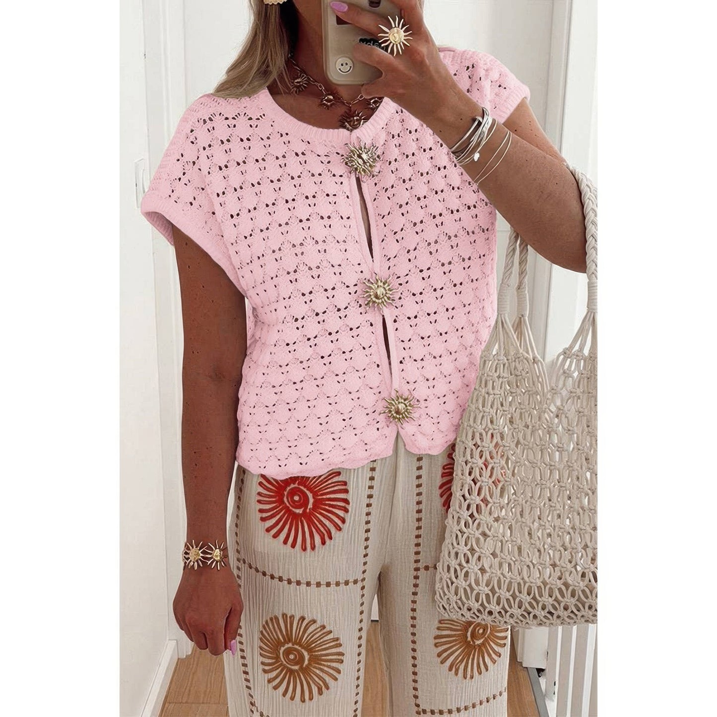 Crochet Short Sleeve Button Front Sweater