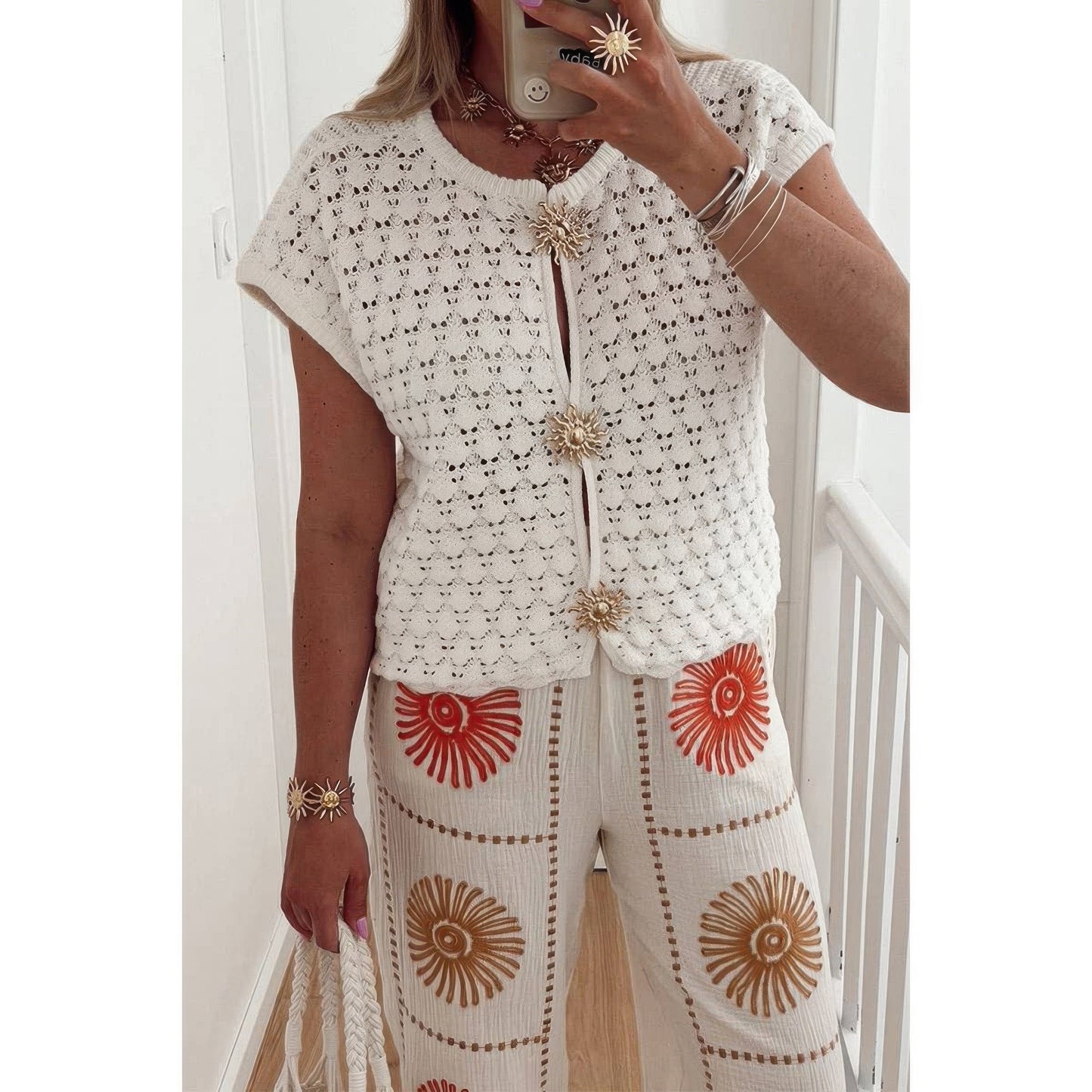 Crochet Short Sleeve Button Front Sweater