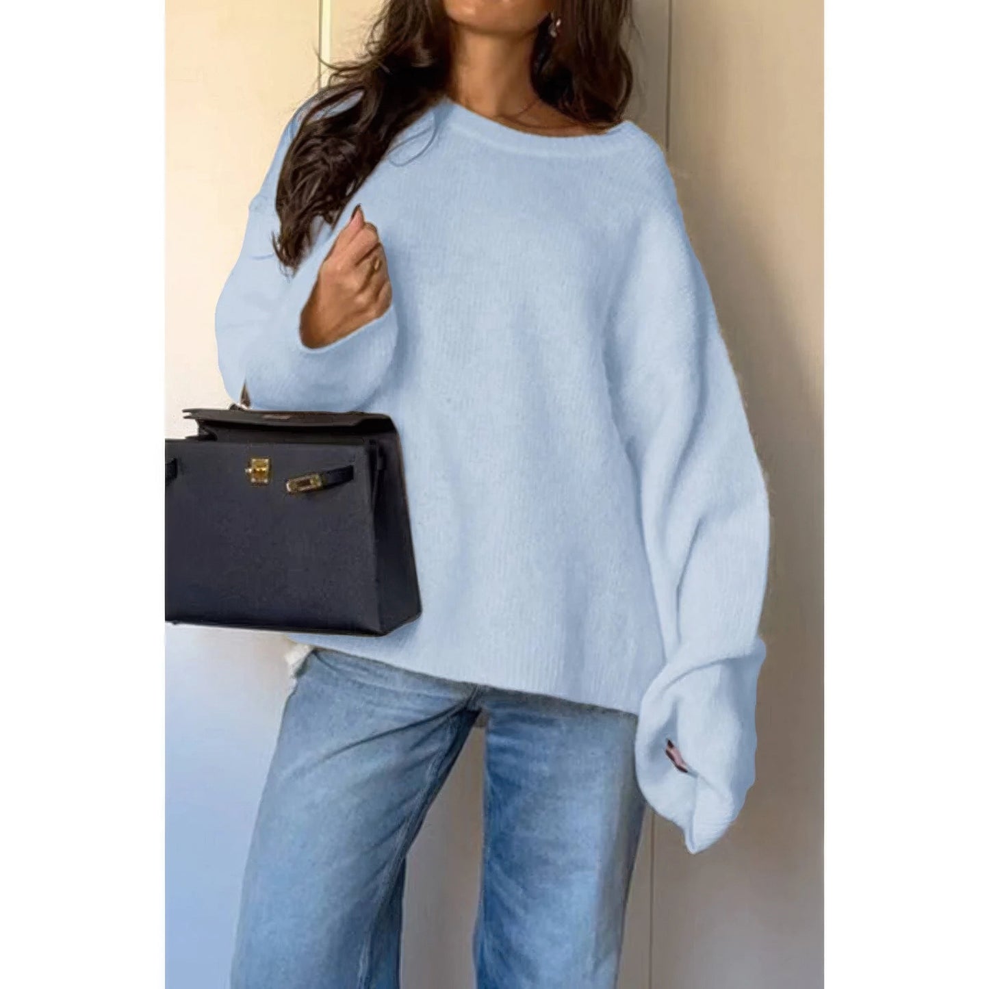 Solid Round Neck Long Sleeved Knit Loose Sweater