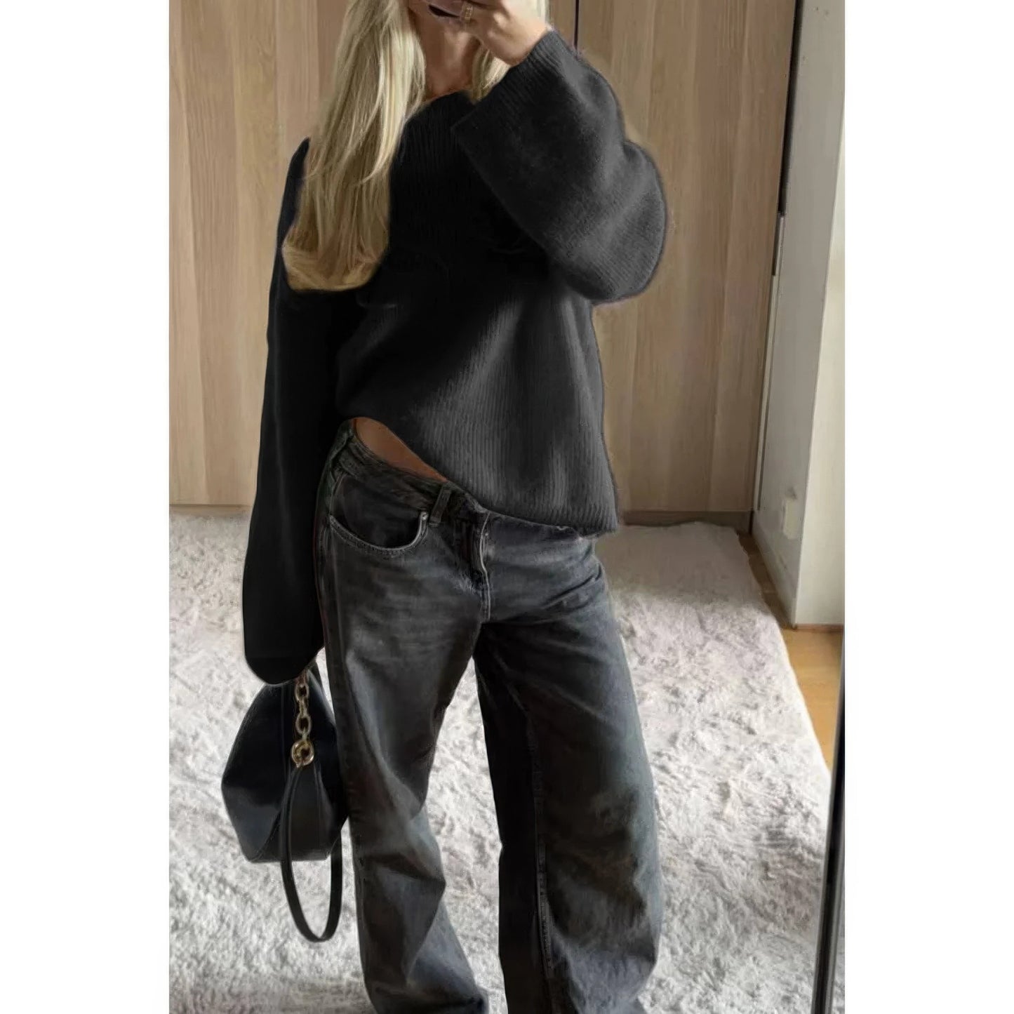 Solid Round Neck Long Sleeved Knit Loose Sweater