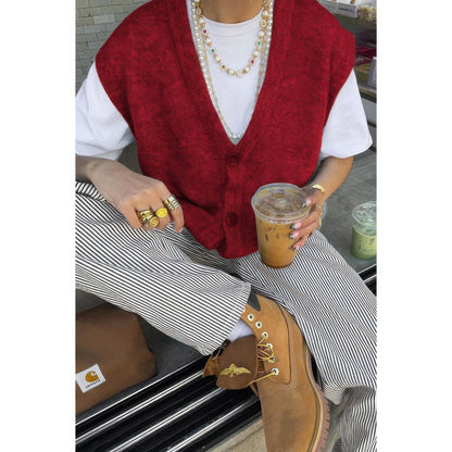 Solid V Neck Sleeveless Knitted Cardigan Vest