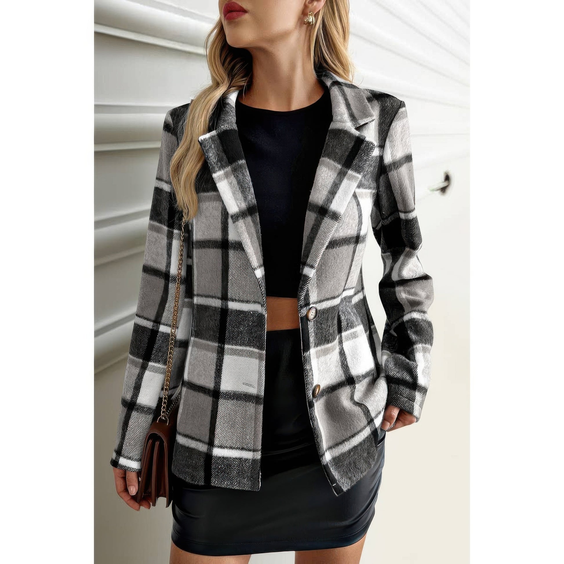 Plaid Lapel Collar Long Sleeve Button Coat
