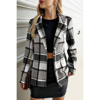 Plaid Lapel Collar Long Sleeve Button Coat