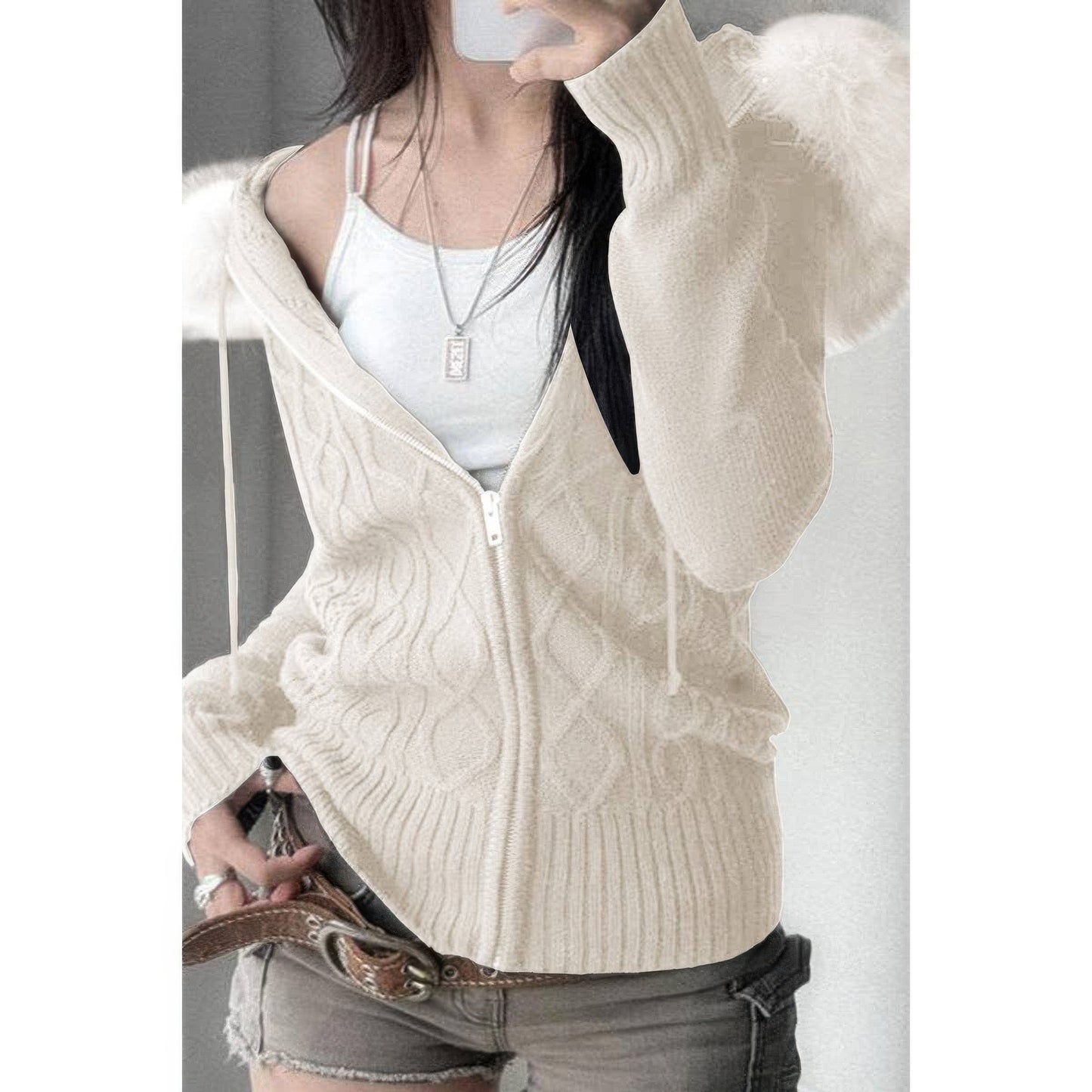 Solid Zipper Twist And Fur Stitching Jacket
