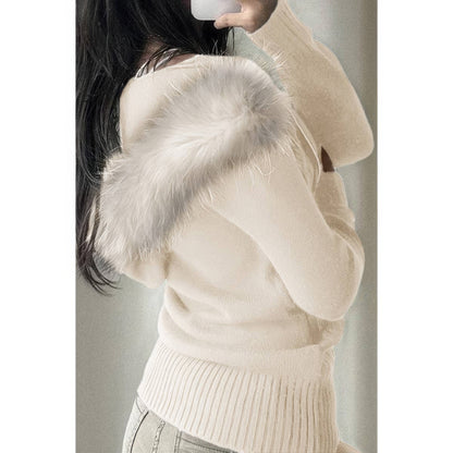 Solid Zipper Twist And Fur Stitching Jacket
