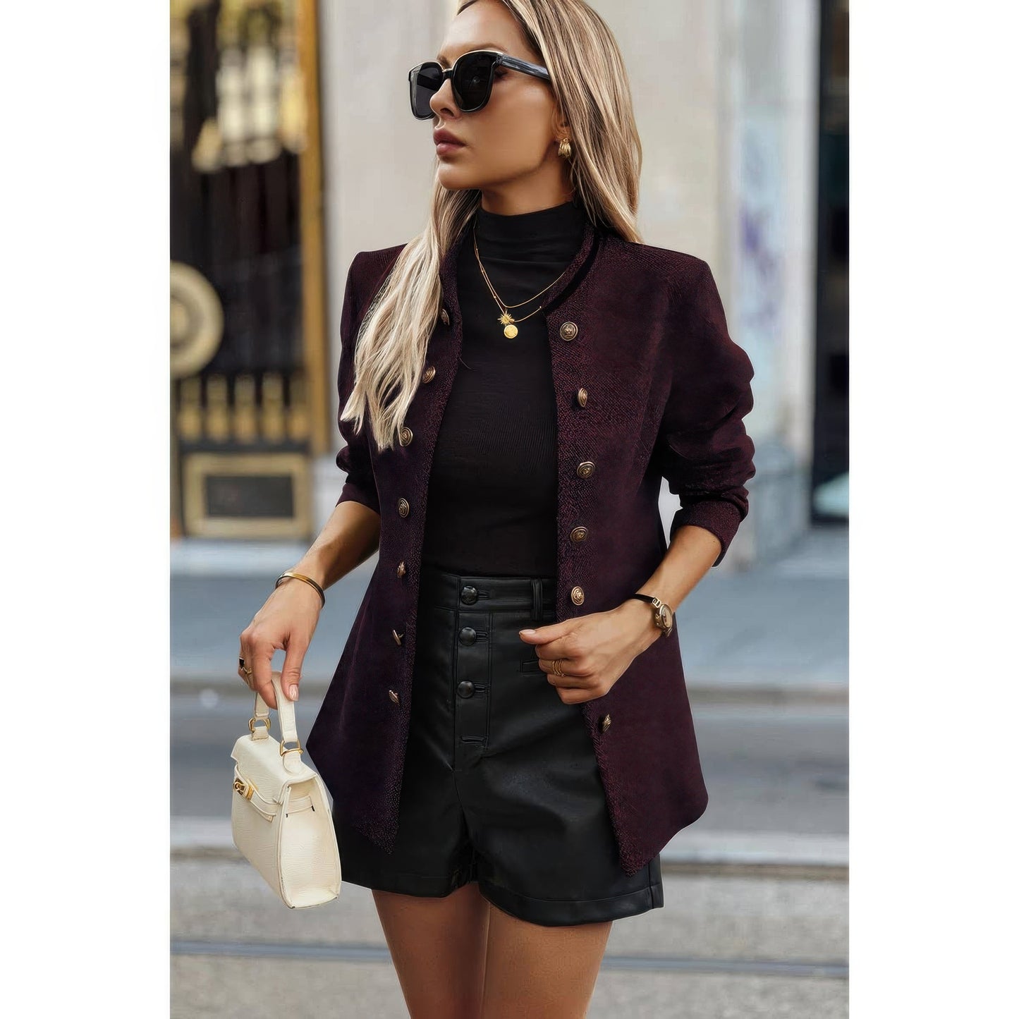 Solid Decorative Button Stand Collar Jacket