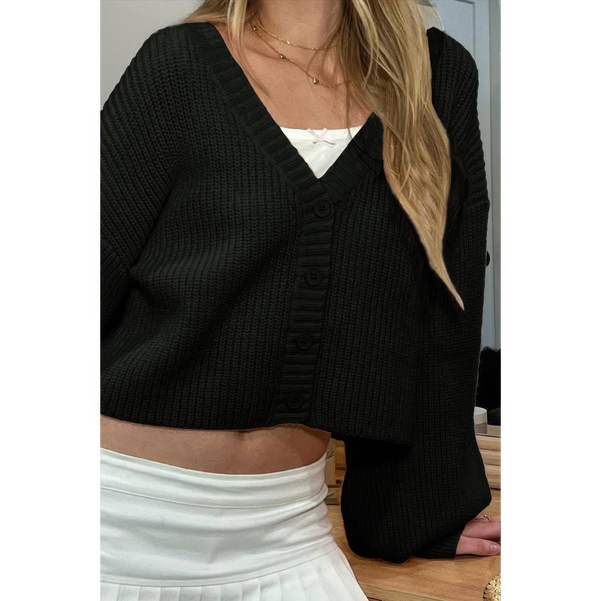 Drop Shoulder Solid Knit V Neck Button Sweater