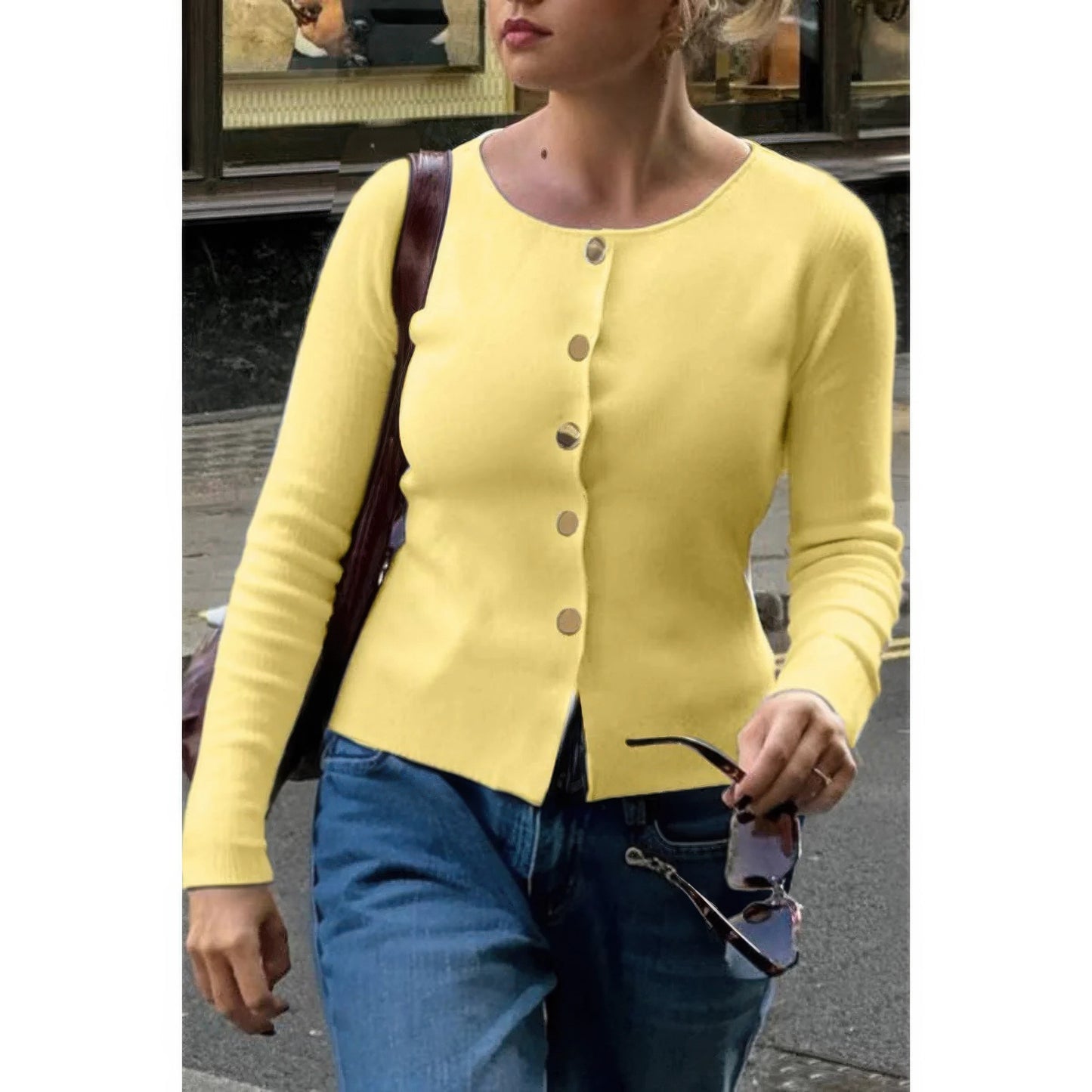 Knit Round Neck Button Up Long Sleeves Sweater